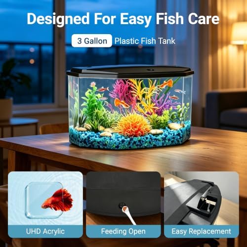 Koller Products Plastic 3-Gallon Aquarium Starter Kit with 4 Colors LED Lighting and Complete Filtration, Ideal for a Variety of Tropical Fish, Betta Fish, Tropical Fish, Cichlids, Ornamental Shrimp