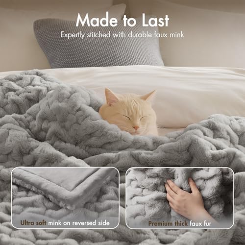 Madison Park Ruched Fur Throw Faux Fur Blanket for Sofa, 50" x 60", Grey