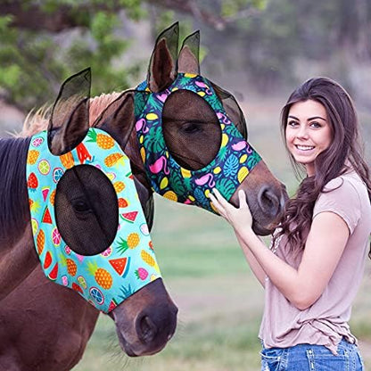 Weewooday 2 Pieces Horse Fly Masks for Horses Soft Fly Masks for Ears Smooth and Elasticity Mask with UV Protection(Fruit Pattern,M)