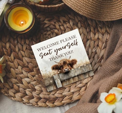 Highland Cow Bathroom Decor Sign - Farmhouse Western Animal Bathroom Decor,Rustic Farm Animal Welcome Please Seat Yourself Thank You Signs,Highland Cow Gifts for Women Signs & Plaques