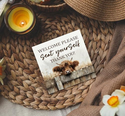 Highland Cow Bathroom Decor Sign - Farmhouse Western Animal Bathroom Decor,Rustic Farm Animal Welcome Please Seat Yourself Thank You Signs,Highland Cow Gifts for Women Signs & Plaques