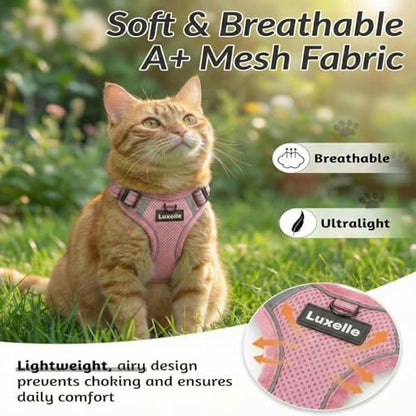 Luxelle Escape-Proof Cat Harness and Leash Set – Adjustable No Pull Soft Vest with 360° Reflective Straps, Built-in Pocket & Wrist Strap, Breathable Mesh Outdoor Harness for Cats & Kittens