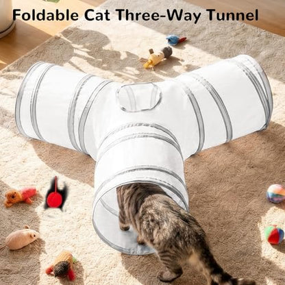 Tempcore Cat Tunnel, 3-Way Collapsible Toy for Indoor Cats, White & Grey