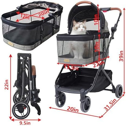 ROODO 2026 Upgraded Version 3-in-1 Dog Cat Stroller with Detachable Carrier Folding Lightweight Portable Travel Pet Gear All-Terrain Puppy Doggie Kitty Bunny Stroller for 35 lbs(Grey Lattice)