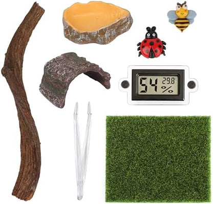Jumping Spider Enclosure Accessories Kit, 8-in-1 Tarantula Decor Set with Magnetic Ledge, Hide, Food Dish, Thermometer, Branches, Miniatures for DIY Habitat (Tank Not Included)