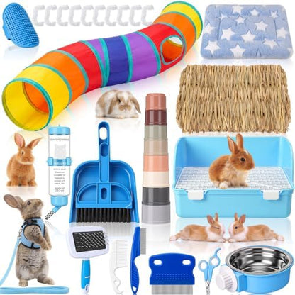 34 Pcs Rabbit Starter Kit Rabbit Litter Box Small Animal Water Bottle Cups Bunny Tunnels Animal Grooming Kit Bowl Blanket with Cleaning Set for Guinea Pig Bunny(Style 3,Light Blue)