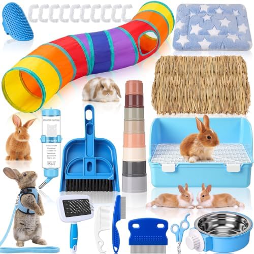 34 Pcs Rabbit Starter Kit Rabbit Litter Box Small Animal Water Bottle Cups Bunny Tunnels Animal Grooming Kit Bowl Blanket with Cleaning Set for Guinea Pig Bunny(Style 3,Light Blue)