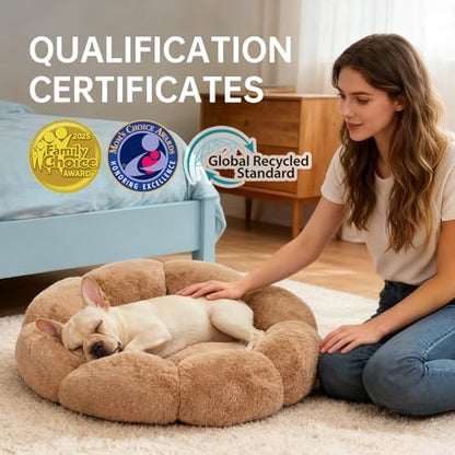 OhGeni 27 inches Calming Donut Dog & Cat Bed for Medium Pets, Warming Comfort Fluffy Short Pile Fur, Durable Machine Washable Round Bed, Cute Round Bed for Puppy and Kitten, Camel