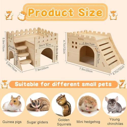PETKNOWS 2-Pack Hamster House Wooden Castle Mouse Hideouts Bed with Stairs