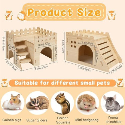 PETKNOWS 2-Pack Hamster House Wooden Castle Mouse Hideouts Bed with Stairs
