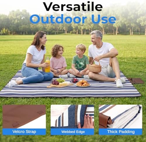 scuddles 60" x 80" Extra Large Outdoor Picnic Blanket – Waterproof, Foldable Travel Mat for Beach, Camping, Grass, Lawn, Park – Dual Layer, Sand-Free, Soft Throw Rug Fits 4 Adults, Summer Accessories