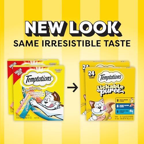 Temptations Creamy Puree Squeezable Lickable Cat Treats, Wet Cat Treats with Chicken, Salmon, and Tuna Variety Pack, 0.42 oz. Tubes, 24 Count, Pack of 2 (48 Total)