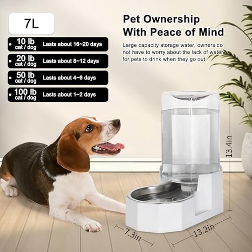 Sfozstra Dog Water Bowl Dispenser: 7L White Gravity Stainless Steel Bowl