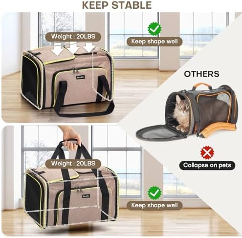 Pet Carrier, Large Soft Sided Expandable Travel Carrier with Steel Frame, Anti-Scratch Mesh, Removable Fleece Pad and Pockets for Cats, Dogs and Small Animals up to 15 lbs (Brown, 4 Sides Expandable)