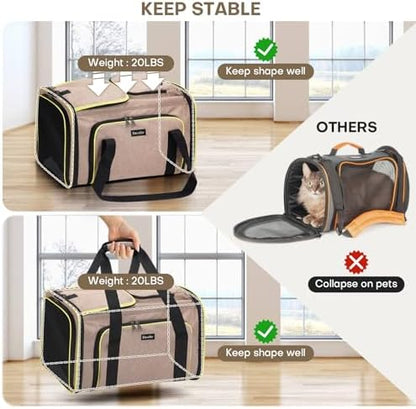 Pet Carrier, Large Soft Sided Expandable Travel Carrier with Steel Frame, Anti-Scratch Mesh, Removable Fleece Pad and Pockets for Cats, Dogs and Small Animals up to 15 lbs (Brown, 4 Sides Expandable)