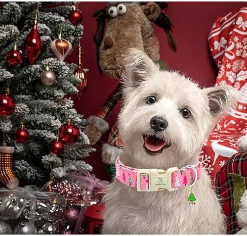 Lionheart Glory Christmas Dog Collar, Pink Christmas Tree Adjustable Soft Comfortable Collar for Medium Dogs for Girls or Boys