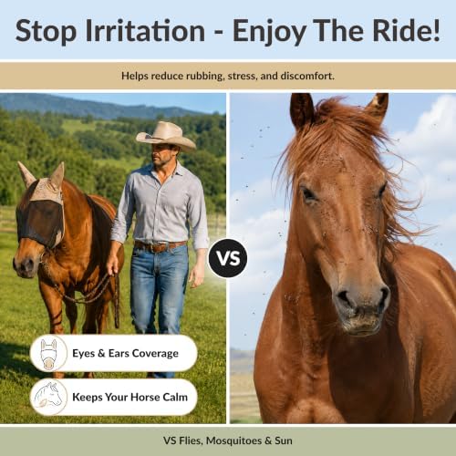 TSZ Fly Free Ride Horse Fly Mask with Ears - UV-Resistant Breathable Mesh