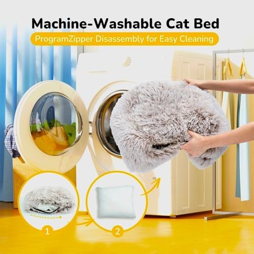 CATISM Cat Bed, Cat Cave for Indoor Cats, Soft Cat Dome, Self-Warming 2 in 1 Foldable Pet Cat House with Washable Cushioned Pillow Calming Fluffy Dog Beds for Small Dogs with Anti-Slip Bottom Brown
