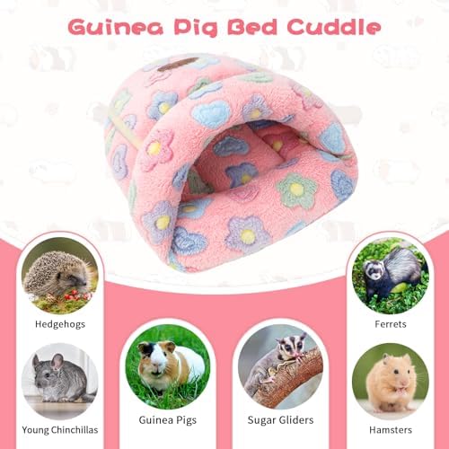 YUEPET Guinea Pig Bed Cuddle Cave, Warm Fleece Hideout, Pink Flower