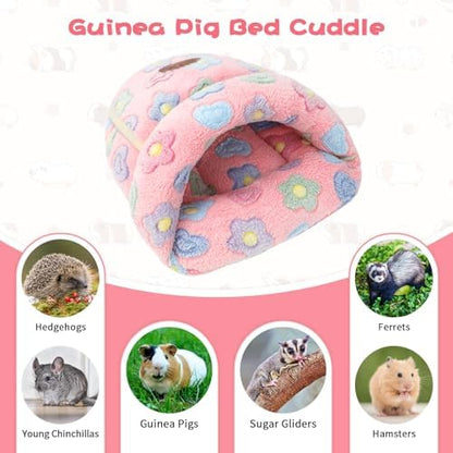 YUEPET Guinea Pig Bed Cuddle Cave, Warm Fleece Hideout, Pink Flower