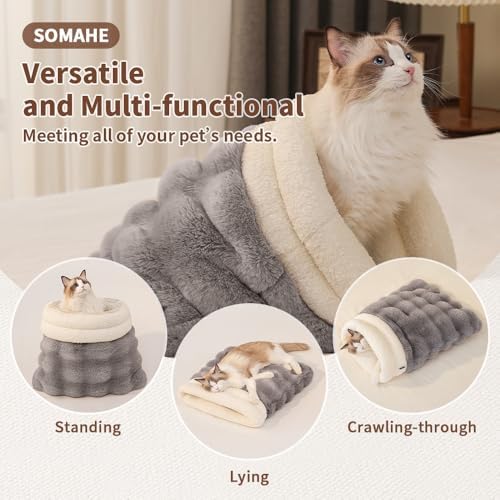 SOMAHE Cat Sleeping Bag for Indoor Cats, Faux Fur Pet Cave Bed & Burrow Nest, Reversible Plush Snuggle Sack, Portable Foldable Mat, Machine Washable, Anti-Static, 21.7"x17.7" Beige