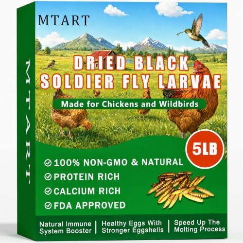 MTART 5LB Dried Black Soldier Fly Larvae Chicken Feed, 100% Natural Non-GMO More Calcium Than Dried Mealworms, High Protein Chicken Treat for Layer Hens, Birds, Ducks