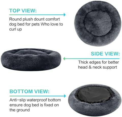 SAVFOX 45 inches Calming Donut Dog Bed - 3X Durable Plush Faux Fur, Machine Washable & Non-Slip, Fits up to 150 lbs, Dark Grey