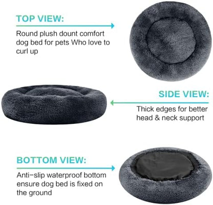 SAVFOX 45 inches Calming Donut Dog Bed - 3X Durable Plush Faux Fur, Machine Washable & Non-Slip, Fits up to 150 lbs, Dark Grey