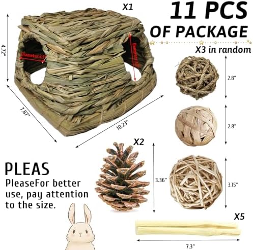 PINVNBY Guinea Pig Grass House Bunny Hay Hideout Tunnel Small Pet Straw Hut with Chew Toys for Bunny Hamster Rat Chinchilla Hedgehog Gerbil (Ball at Random)