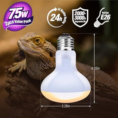 Leoterra 75W Reptile Heat Lamp Bulb, UVA Basking Spot Light for Bearded Dragon, Turtle, Lizard, Snake Terrarium, Daytime Heating Bulb for 20-40 Gallon Tanks, E26 Base, 2-Pack