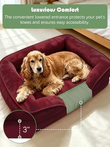 Spotted Play Orthopedic Dog Bed with Sides - Sofa Beds for Large Dogs, Supportive Foam Pet Couch Bed with Washable Removable Cover, Waterproof Lining and Non-Slip Bottom, Burgundy - L