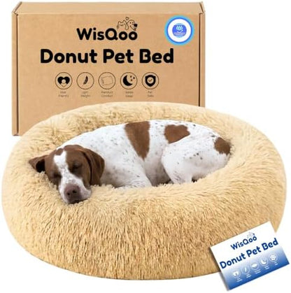 Calming Donut Dog Bed – Faux Fur Anti-Anxiety Pet Bed with Removable Washable Cover & Water-Resistant Liner – Plush Fluffy Round Nest, Non-Slip Bottom for Dogs & Cats – Large, Beige