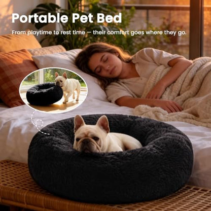 Love's cabin Calming Cat Bed for Indoor Cats, Anti-Anxiety Donut Round Dog Bed,Fluffy Faux Fur Washable Pet Bed for Small Medium Dogs and Cats, Black, 24in