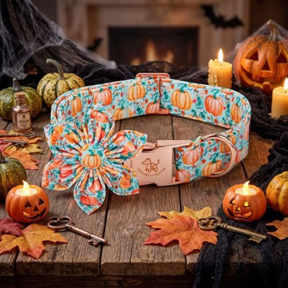 Elegant little tail Halloween Dog Collar, Pink Pumpkin Flower Girl Pet Collars for Female Dogs Pet Adjustable Puppy Collars with Flowers for Small Medium Large Dogs