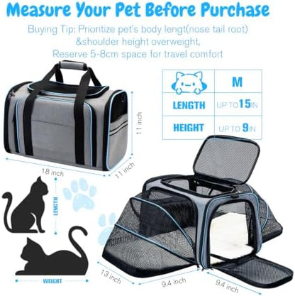 Double Expandable Cat Carrier,Airline Approved Soft-Sided Pet Travel Carrier for Small Dogs Cats under 15 lbs,Waterproof 600D Oxford Fabric with Washable Replacement Liner,Odor-Free & Claw-Proof(Blue)