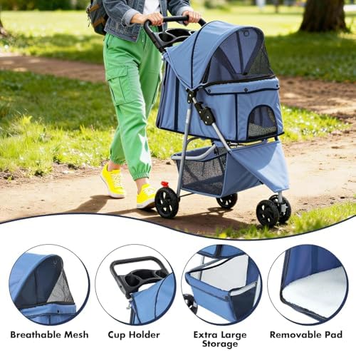 3 Wheels Pet Stroller,Storage Basket and Cup Holder, Breathable Mesh, Waterproof and Foldable for Small/Medium Dogs and Cats Strollers, Lightweight Travel Carrier for Daily Walks & Outdoor，Blue