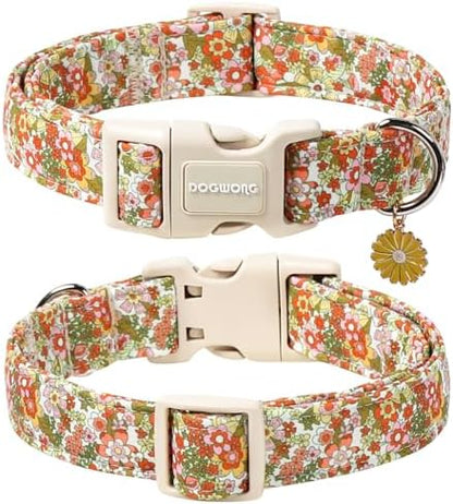 DOGWONG Flower Dog Collar, Orange Daisy Flower Dog Collar Adjustable Soft Fabric Girl Pet Dog Collars Cute Puppy Necklace for Small Medium Large Dogs