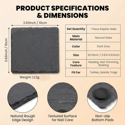 3.9 Inch Square Reptile Basking Platform Slate, Rock Feeding Slate Tile Habitat for Reptiles, Bearded Dragon Basking Resting Platform for Tortoise Lizard Gecko