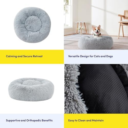 Dog & Cat Bed: Round Faux Fur Pet Bed - Plush, Cozy, & Calming Donut Bed for Large Pets - Soft & Comfortable Sleeping Cushion for Napping & Lounging, 30" Round, Silver