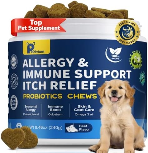 Dog Allergy Relief Chews, Helps Relieve Itchy Skin, Paw Licking & Ear Irritation, Dog Allergy Supplement with Probiotics for Skin & Immune Support, Colostrum & Fish Oil/Beef Flavor(Tan)