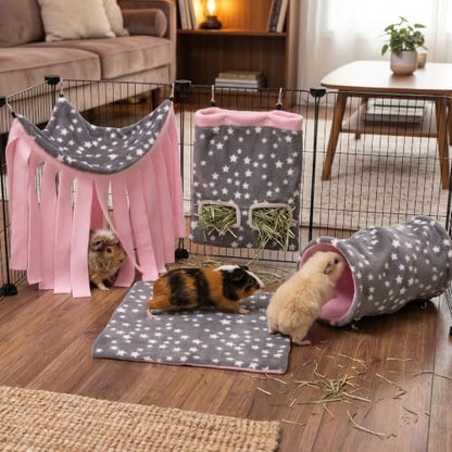 Guinea Pig Hideout, 4 Pack Tunnel & Mat & Corner Hide & Hay Bag