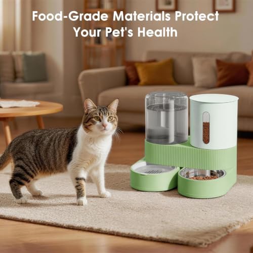 2 in 1 Automatic Gravity Cat Dog Feeder and Water Dispenser with 304 Stainless Steel Bowls, 360 Degree Rotatable Auto Food with 2 Specialized Brushes for Small Medium Pet Dog Puppy Kitten (Green)