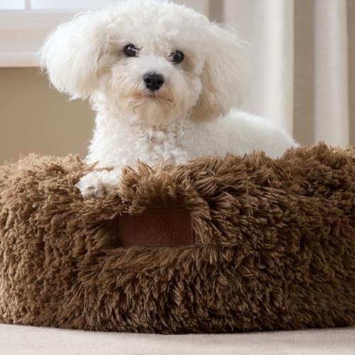 Town & Country Luxe CuddleTown Fuzzy Solid Donut Pet Bed, Soft, Cozy & Calming, Non-Slip Bottom, 100% Machine Washable, Brown, XS 19"x19"x7" Round
