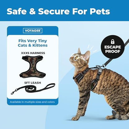Voyager Escape-Proof Step-in Lock Cat Harness & 5ft Neoprene-Handle Leash Set All-Weather Mesh with Reflective Stitching for Small to Large Cats by Best Pet Supplies, Army (327), XXXS