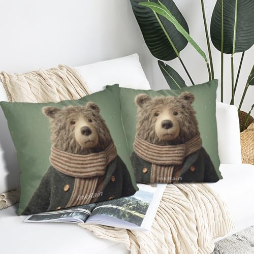InkRain Winter Animal Cute Bear Pillow Cover 22x22 Inch Set of 2 Home Decor Decorative Cotton Linen Illustration Pillowcases for Living Room House Sofa