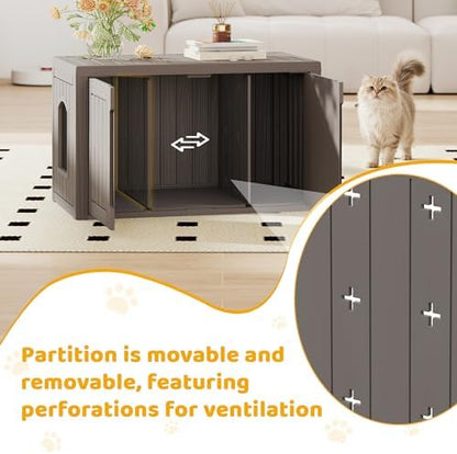 Cat Litter Box Enclosure, Multi-Functional Hidden Enclosed Litter Box Furniture with Adjustable Partition, Indoor Outdoor Cat House Weatherproof, Side Table, Easy to Clean & Assemble, Grey