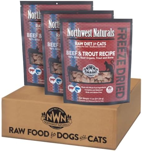 Northwest Naturals Freeze-Dried Beef & Trout Cat & Kitten Food – Bite-Sized Nibbles – Healthy, Limited, Human-Grade Ingredients, All-Natural, High-Protein Diet – Complete & Balanced, 11 oz (Pack of 3)