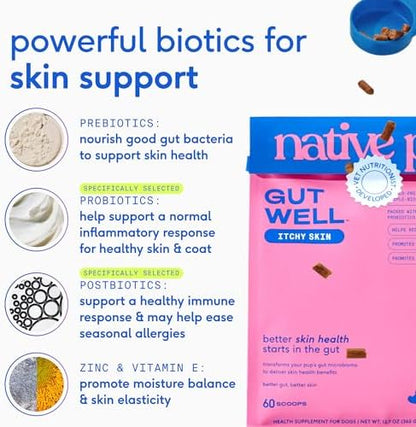 Native Pet Itchy Skin - Dog Itching Skin Relief - Vet-Formulated Gut-Skin Support, Seasonal Allergies, Healthy Skin Barrier - 120 Scoops