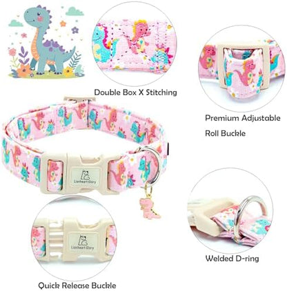 Lionheart glory Dog Collar Dinosaurs Pattern Cute Collar for Small Dogs Spring Summer Female or Male Collars Pets Gift Adjustable Heavy-Duty Pet Collars