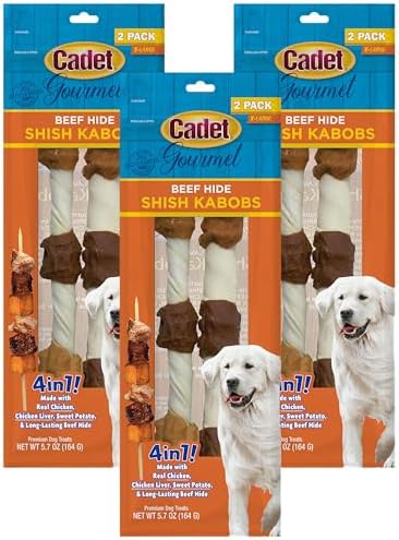Cadet Gourmet X-Large Triple-Flavored Beef Hide Shish Kabob Dog Treats - Healthy & Natural Chicken, Liver, & Sweet Potato Dog Treats for Dogs Over 30 lbs., 10 in. (2 Count) (Pack of 3)